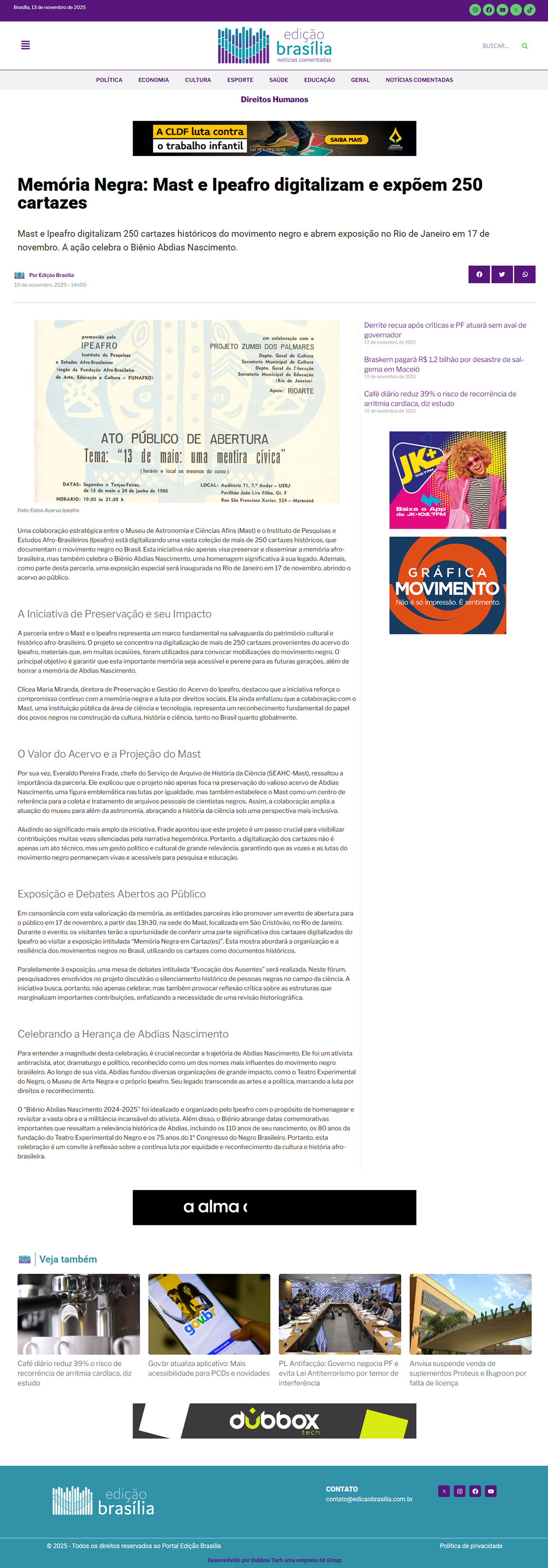 Mast e Ipeafro digitalizam 250 cartazes históricos do movimento negro e abrem exposição no Rio de Janeiro em 17 de novembro. A ação celebra o Biênio Abdias Nascimento