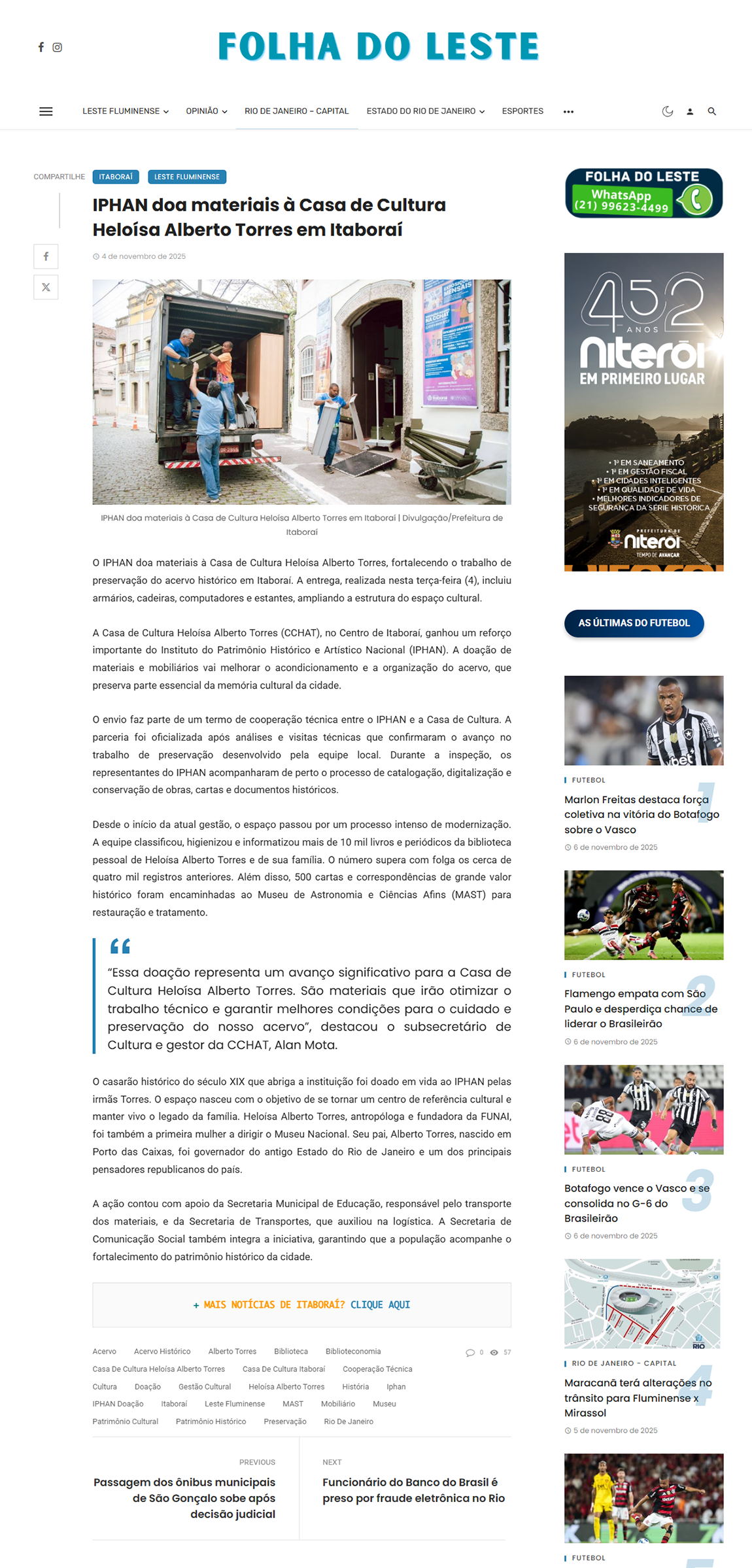 IPHAN doa materiais à Casa de Cultura Heloísa Alberto Torres em Itaboraí