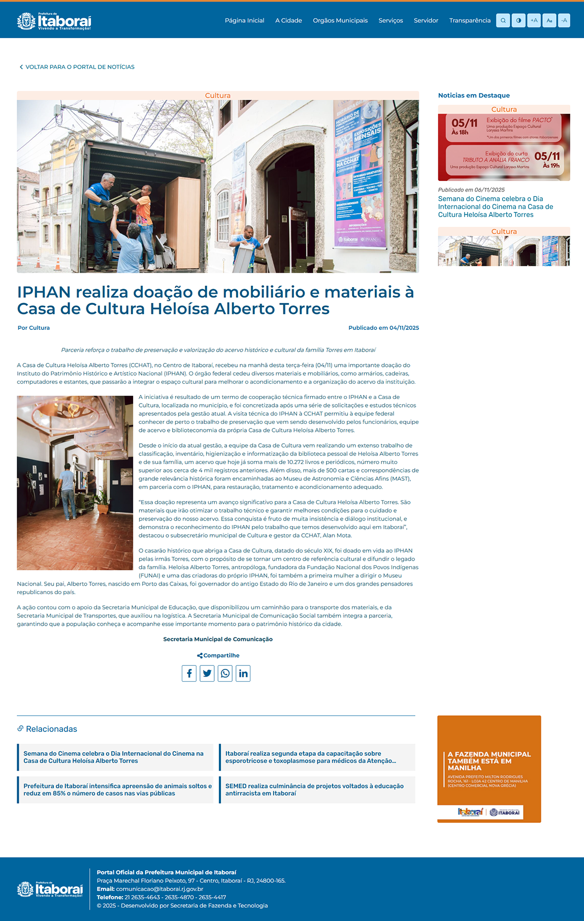 Parceria reforça o trabalho de preservação e valorização do acervo histórico e cultural da família Torres em Itaboraí