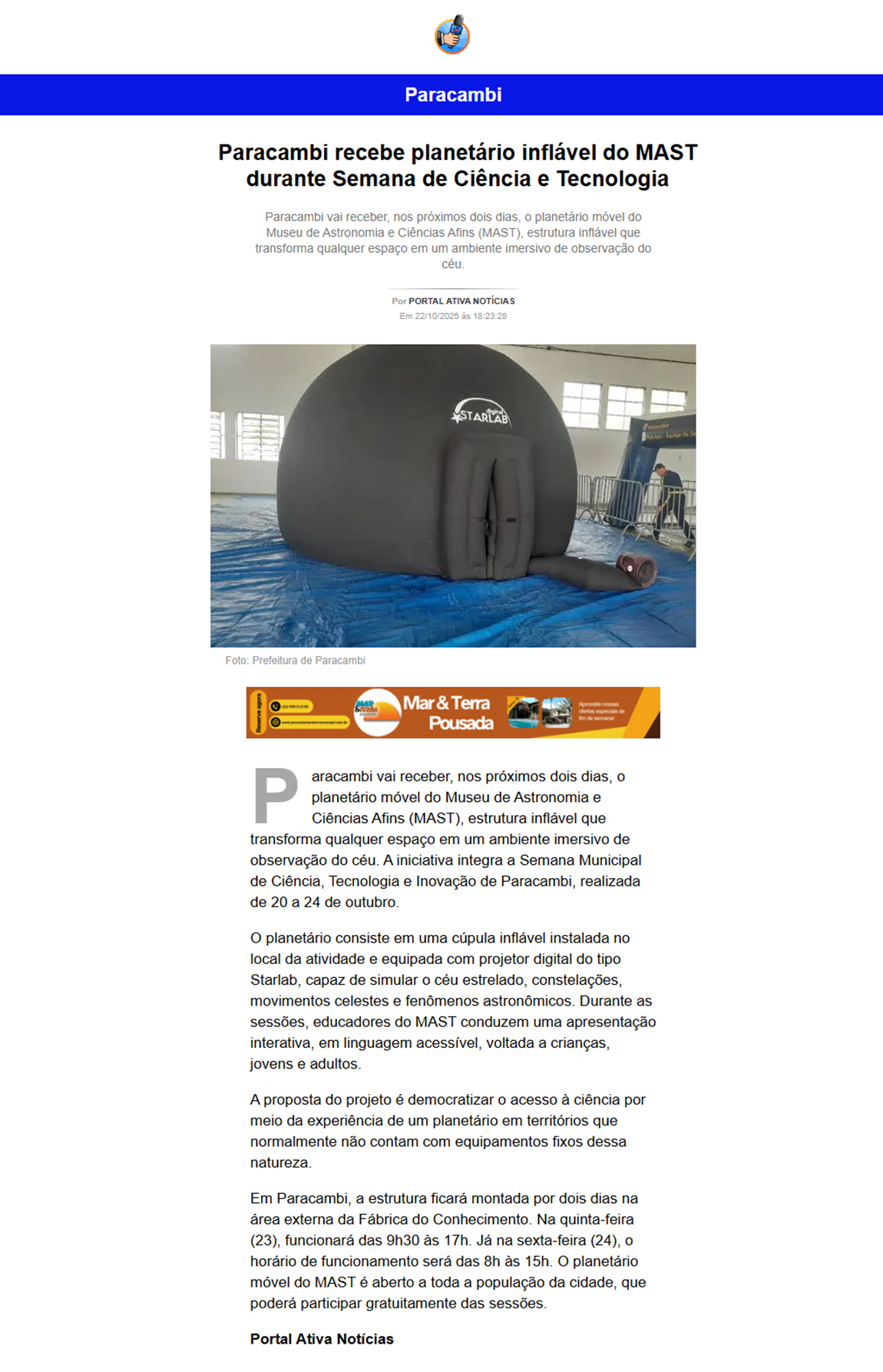 Paracambi recebe planetário inflável do MAST durante Semana de Ciência e Tecnologia