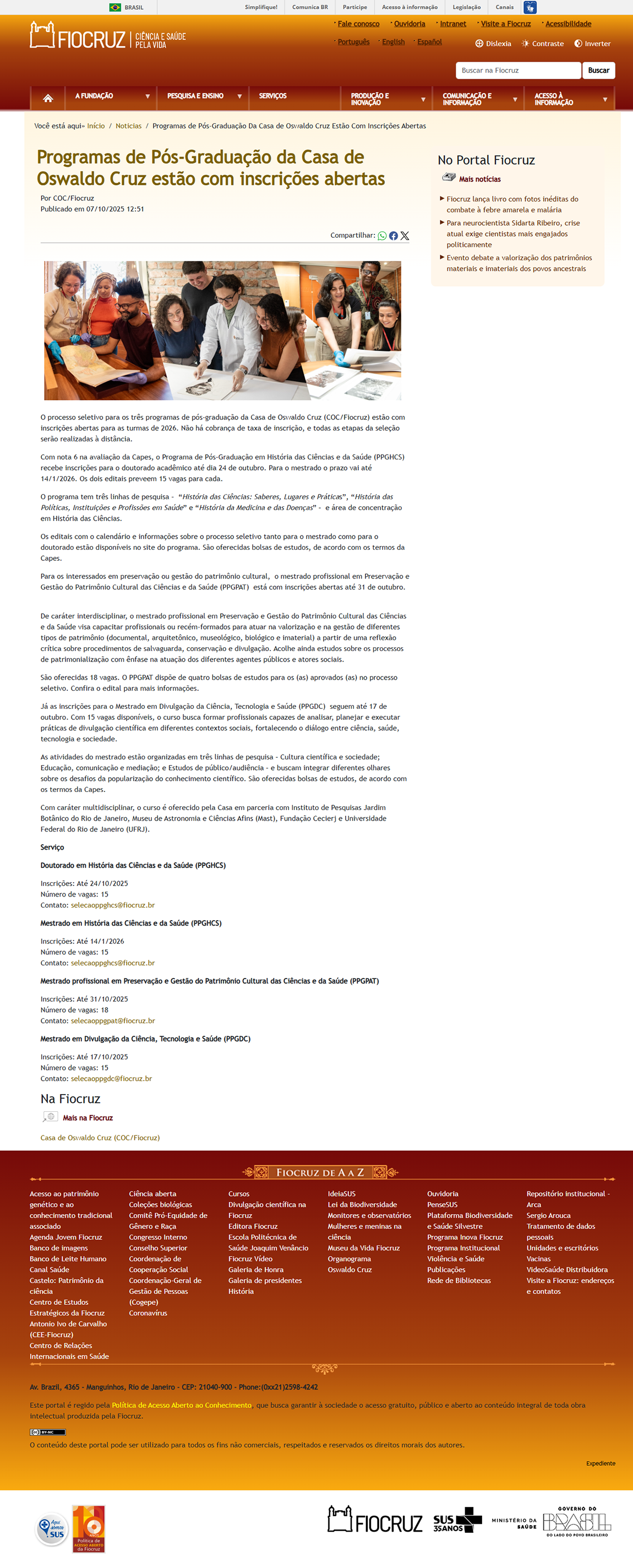 Programas de Pós-Graduação da Casa de Oswaldo Cruz estão com inscrições abertas