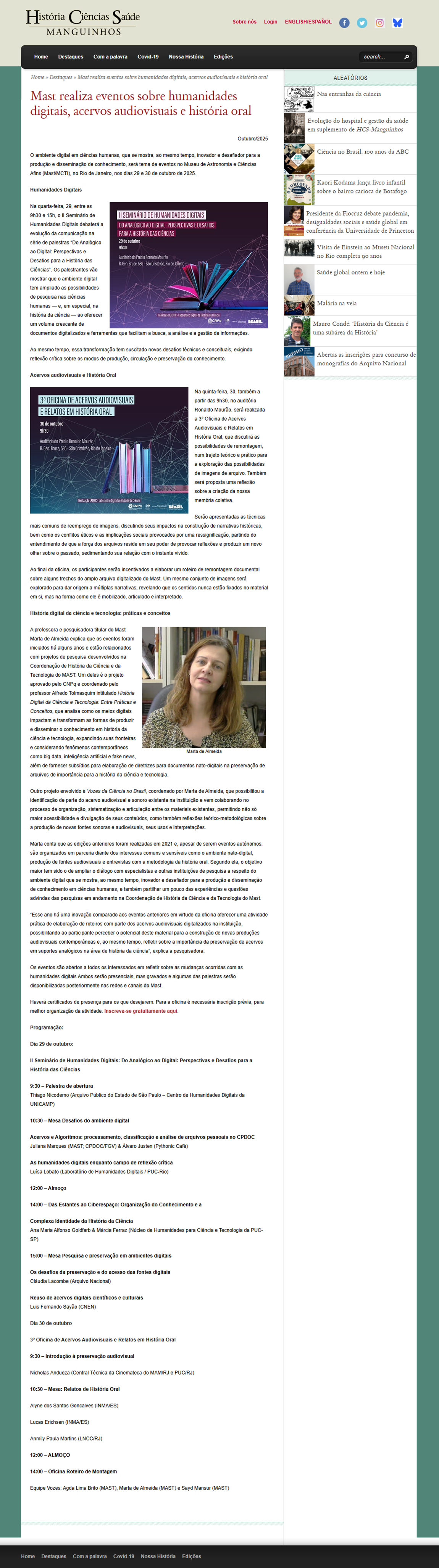 MAST realiza eventos sobre humanidades digitais, acervos audiovisuais e história oral
