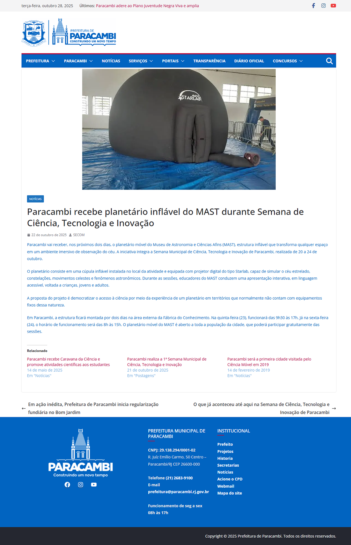 Paracambi recebe planetário inflável do MAST durante Semana de Ciência, Tecnologia e Inovação