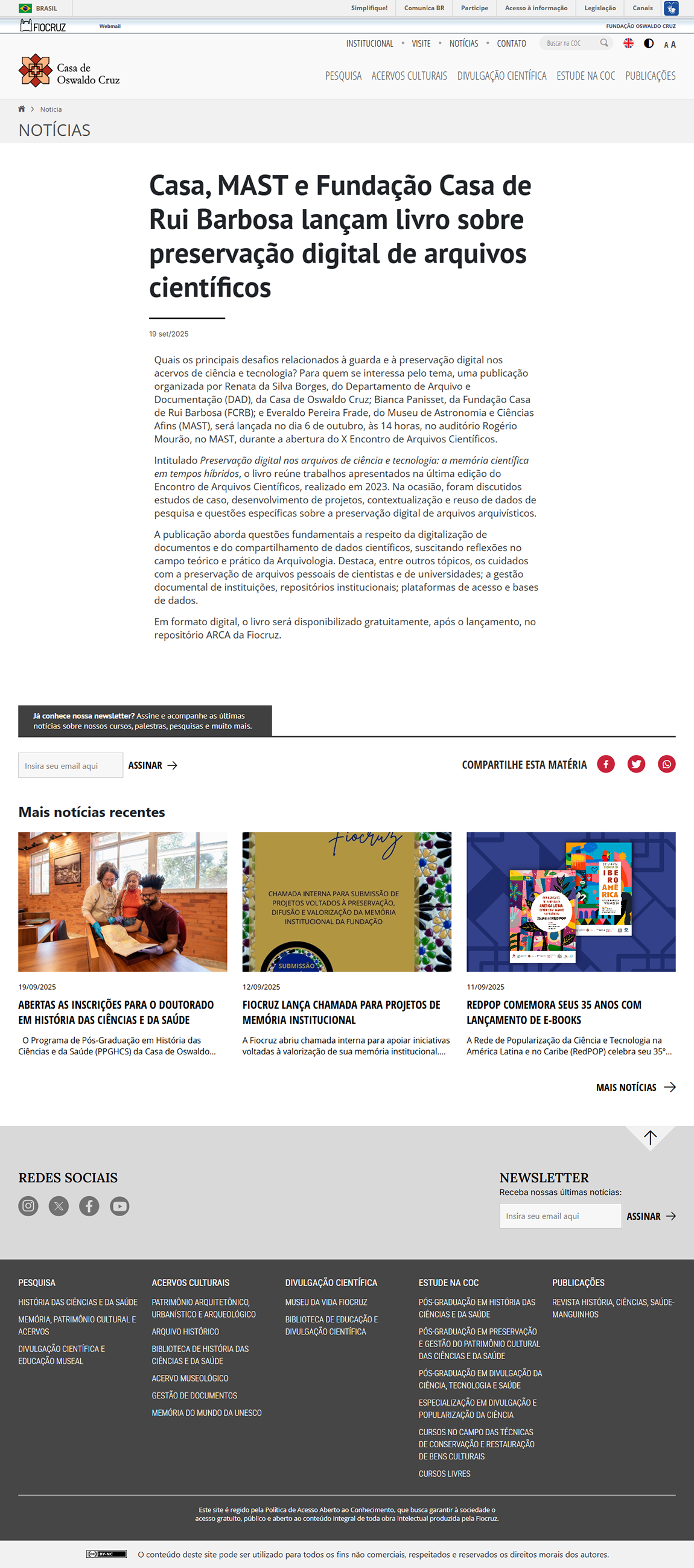 Casa, MAST e Fundação Casa de Rui Barbosa lançam livro sobre preservação digital de arquivos científicos