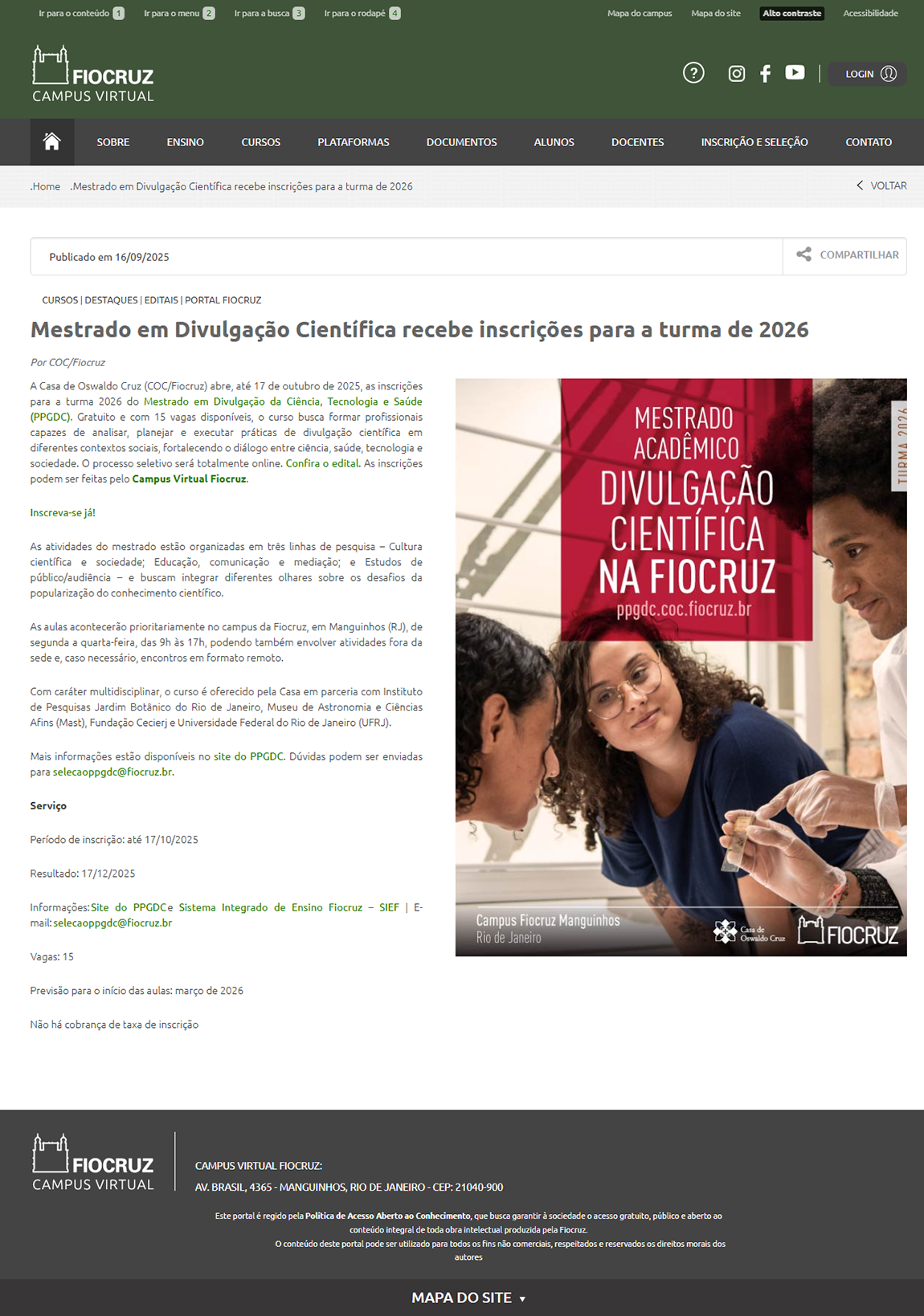 Mestrado em Divulgação Científica recebe inscrições para a turma de 2026