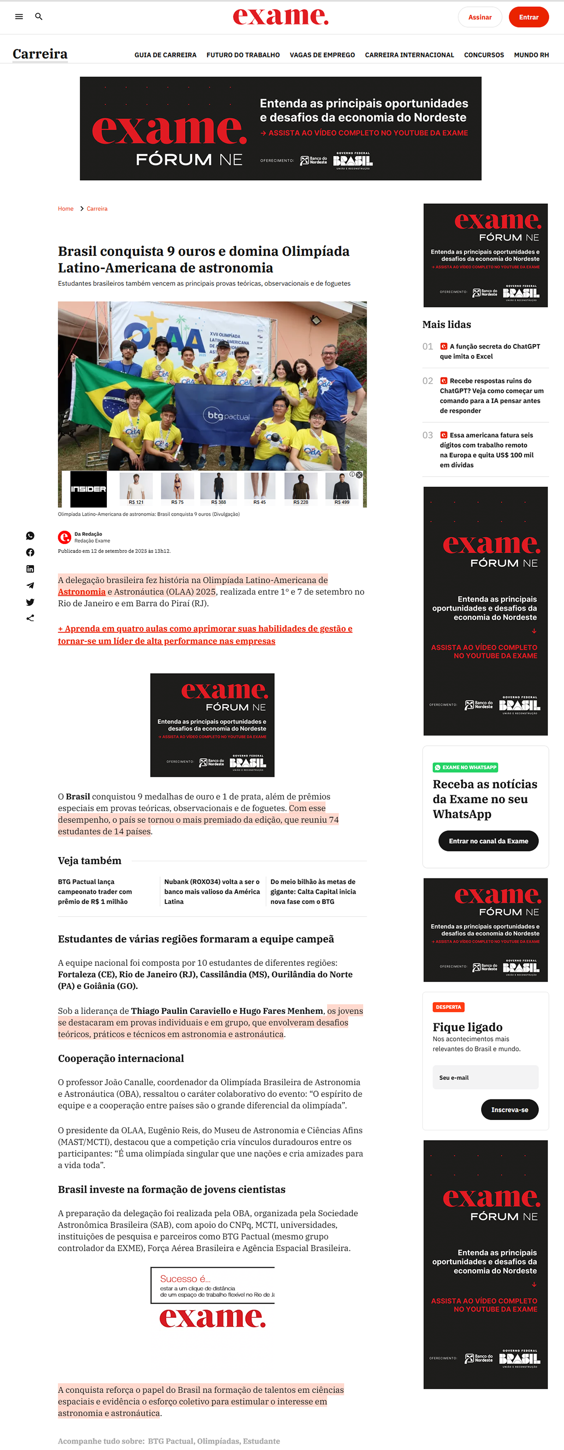 Estudantes brasileiros também vencem as principais provas teóricas, observacionais e de foguetes