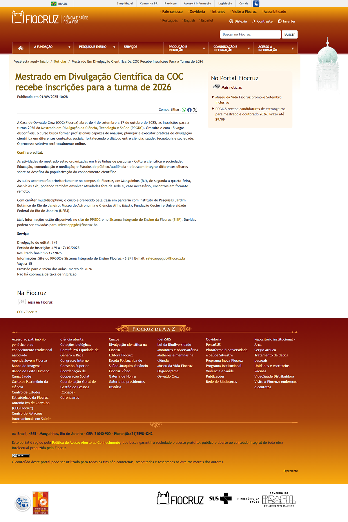 Mestrado em Divulgação Científica da COC recebe inscrições para a turma de 2026