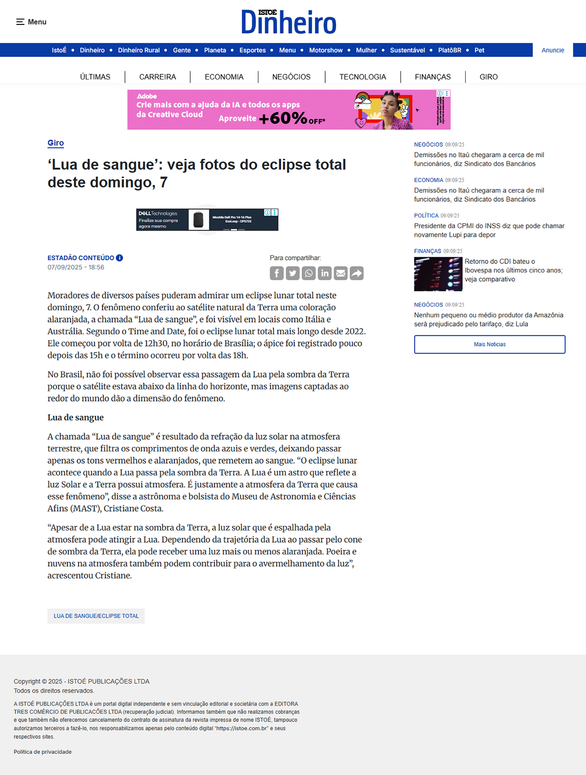 ‘Lua de sangue’: veja fotos do eclipse total deste domingo, 7