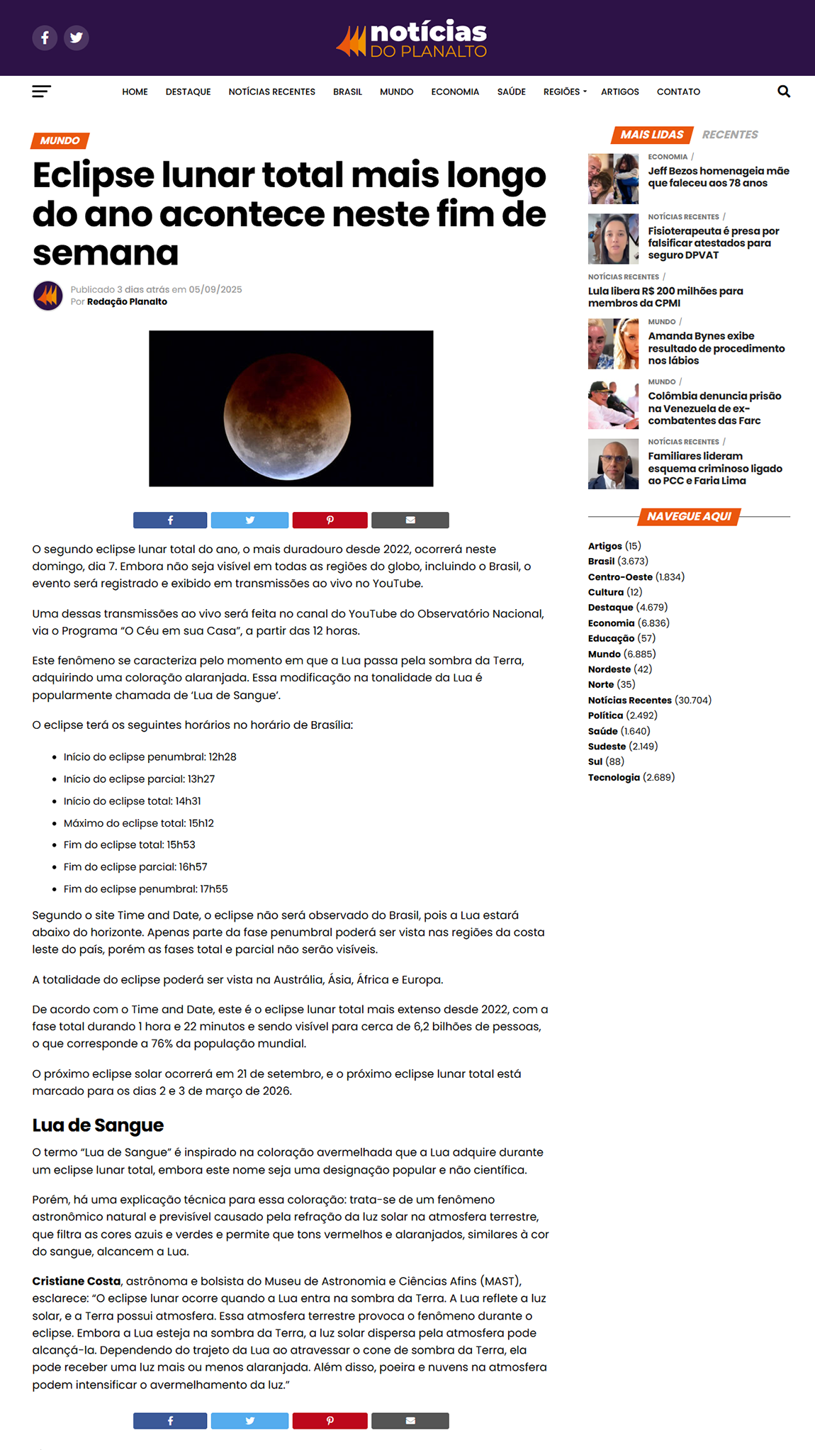 Eclipse lunar total mais longo do ano acontece neste fim de semana