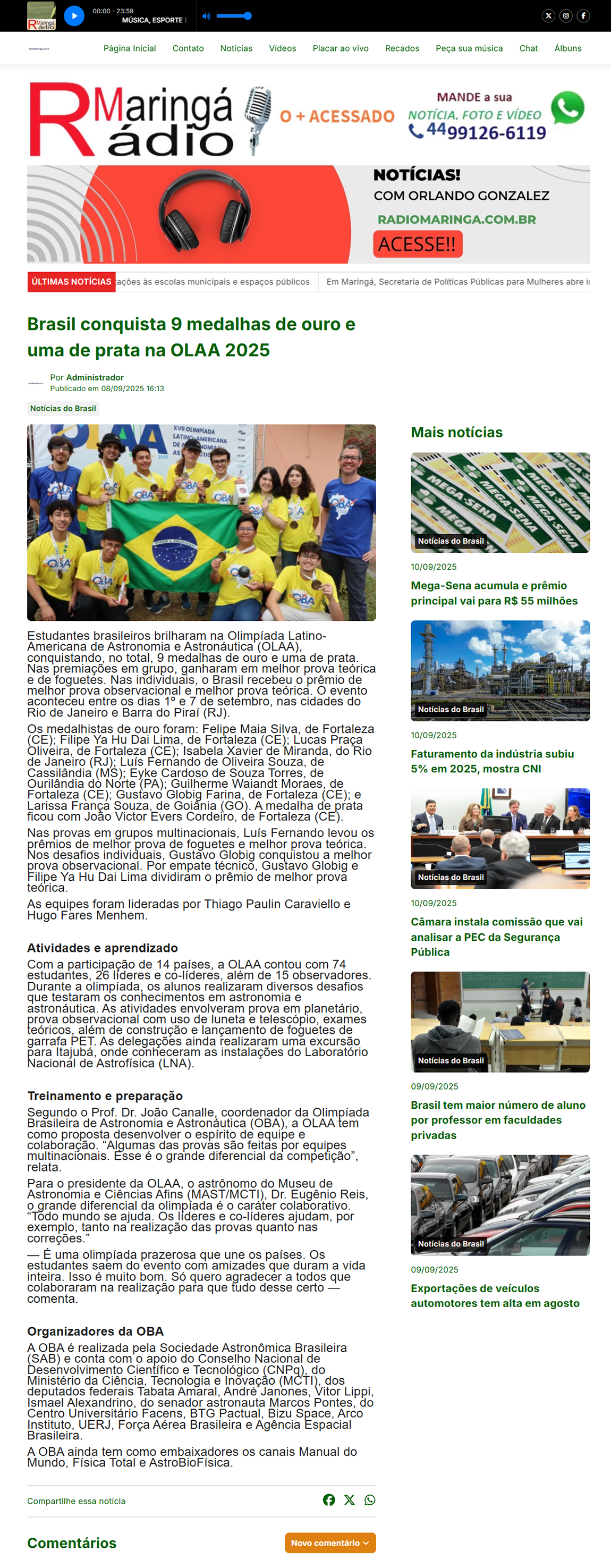 Brasil conquista 9 medalhas de ouro e uma de prata na OLAA 2025