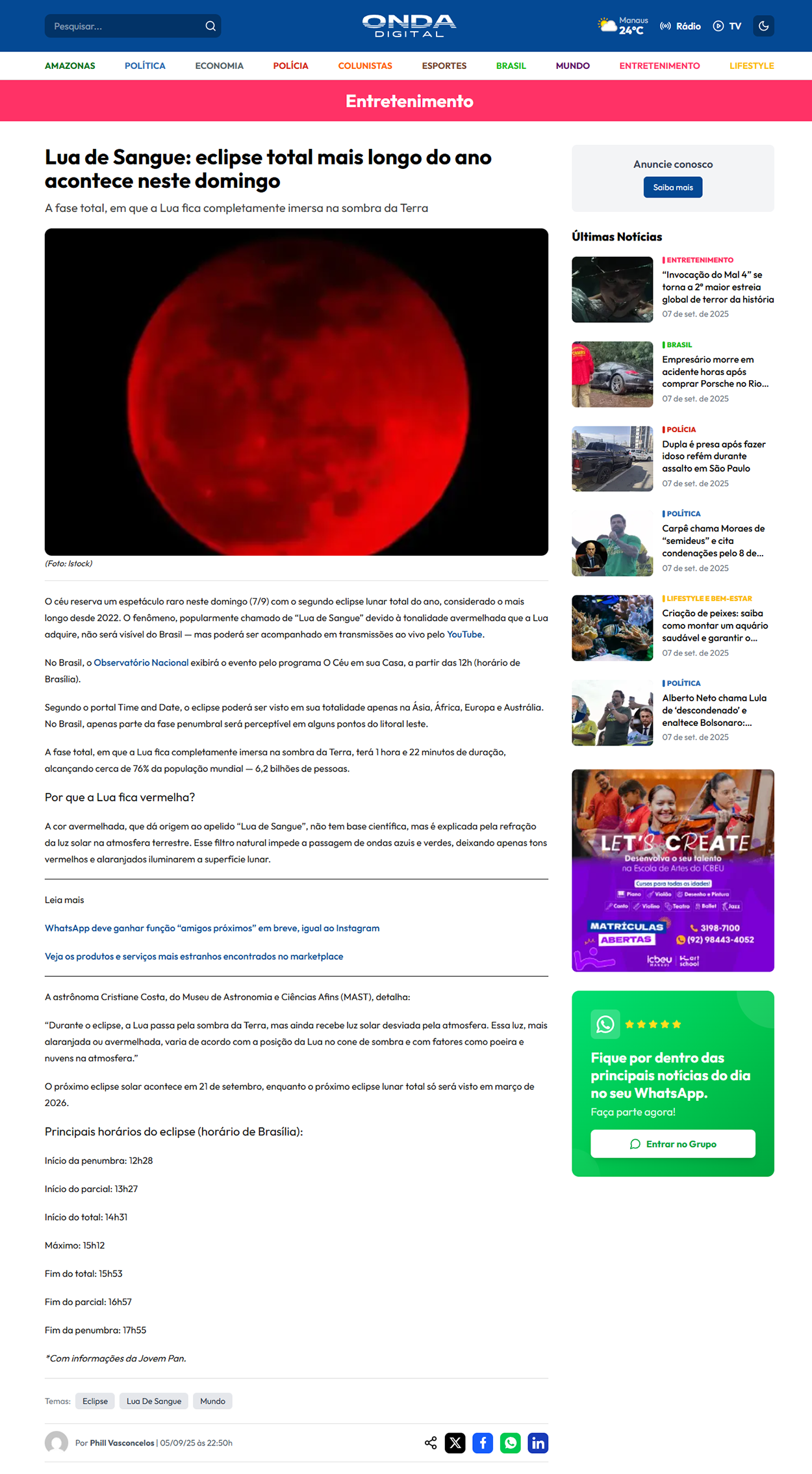 A fase total, em que a Lua fica completamente imersa na sombra da Terra