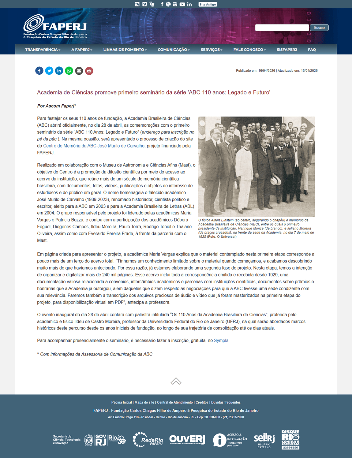 Academia de Ciências promove primeiro seminário da série 'ABC 110 anos: Legado e Futuro'