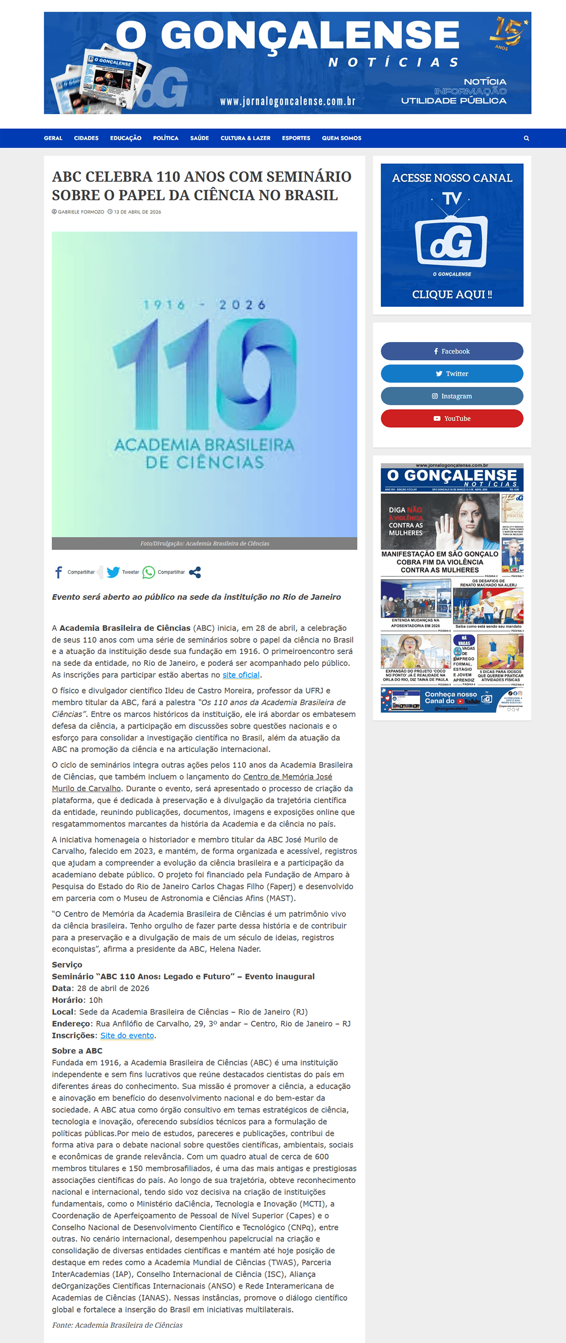 Evento será aberto ao público na sede da instituição no Rio de Janeiro