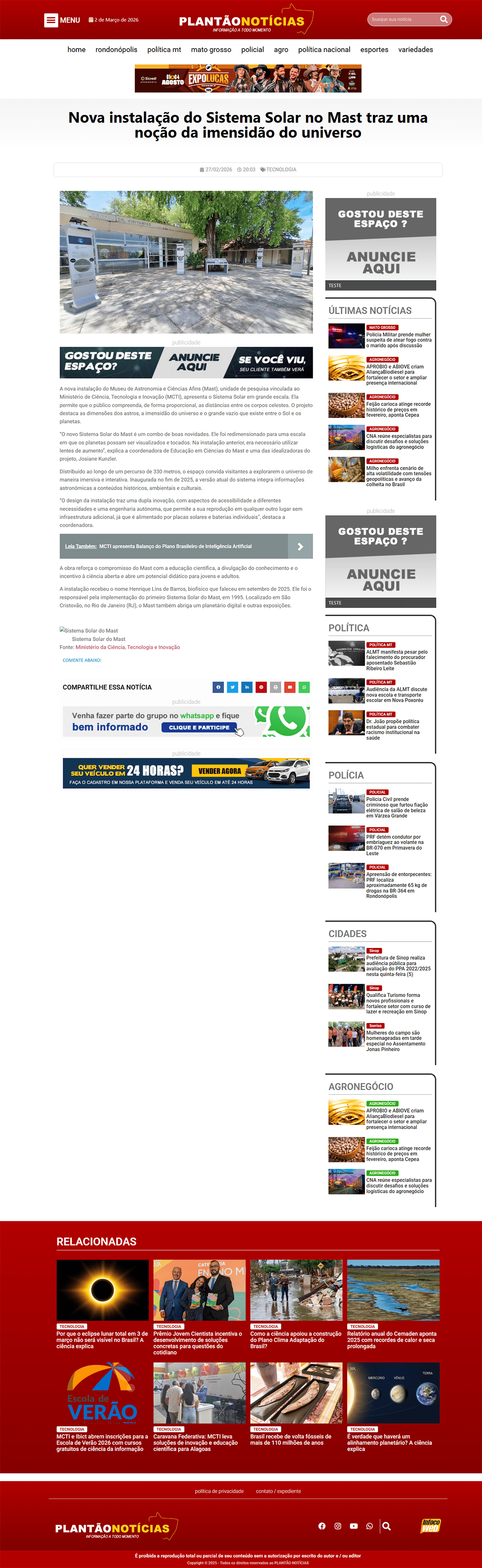 Nova instalação do Sistema Solar no Mast traz uma noção da imensidão do universo