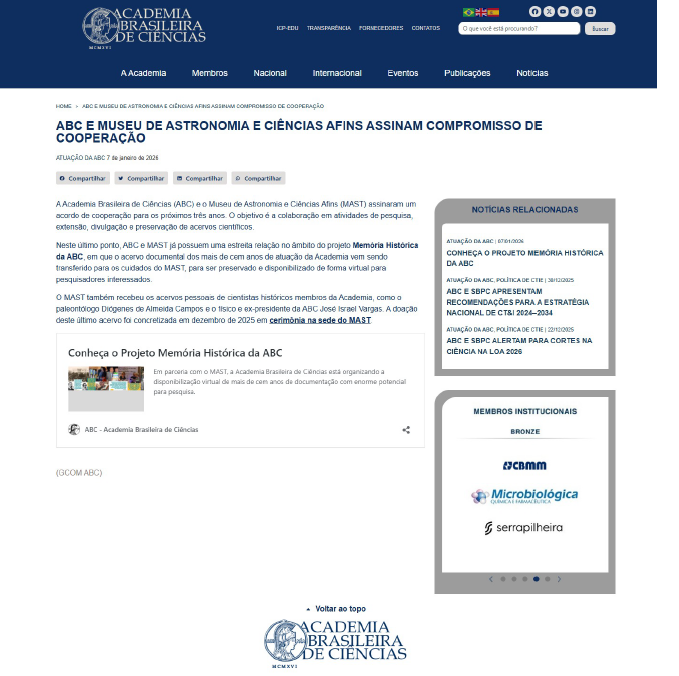 ABC e Museu de Astronomia e Ciências Afins assinam compromisso de cooperação