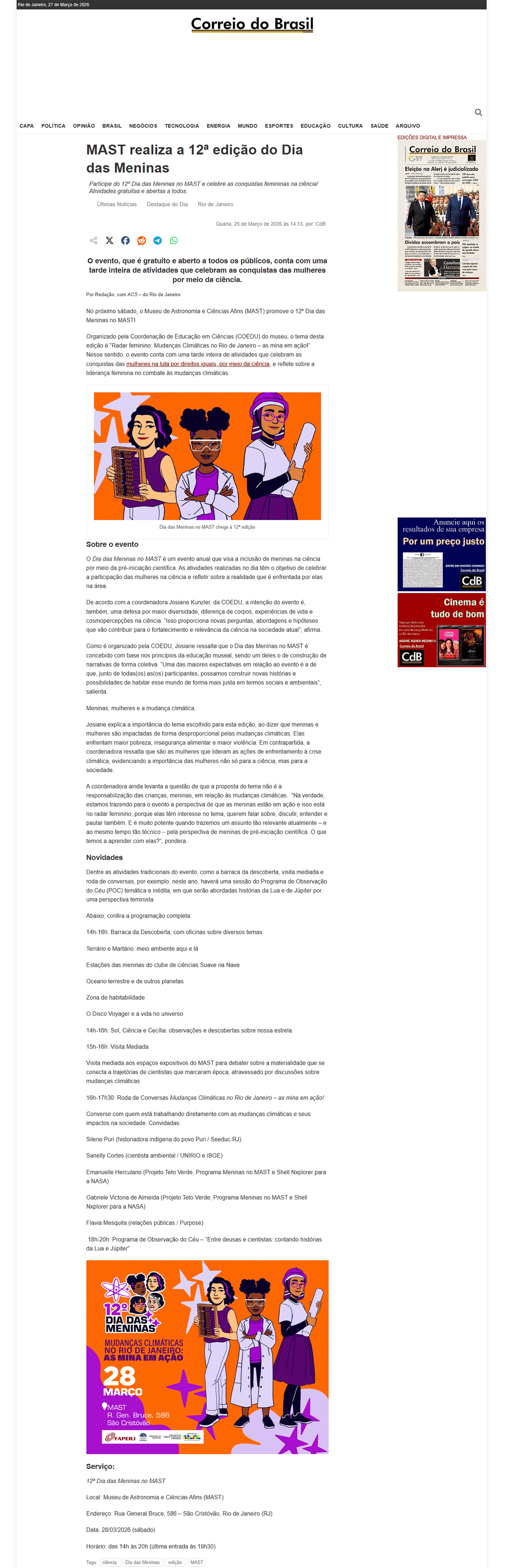 Participe do 12º Dia das Meninas no MAST e celebre as conquistas femininas na ciência! Atividades gratuitas e abertas a todos