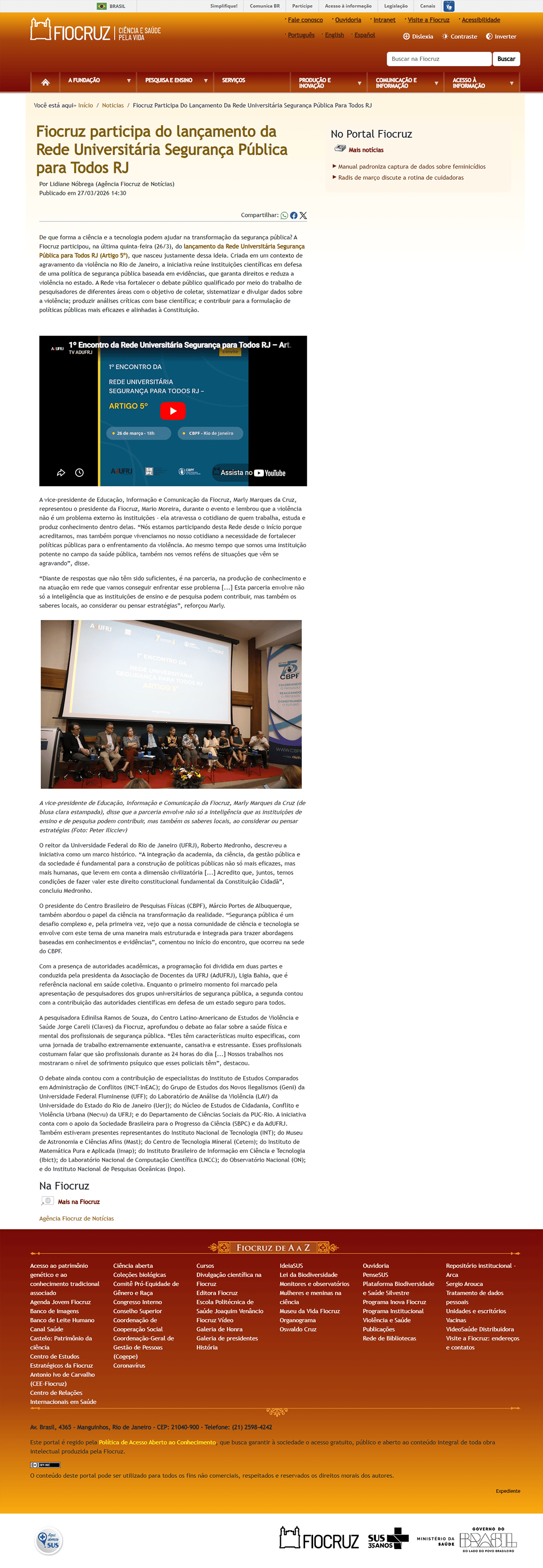 Fiocruz participa do lançamento da Rede Universitária Segurança Pública para Todos RJ