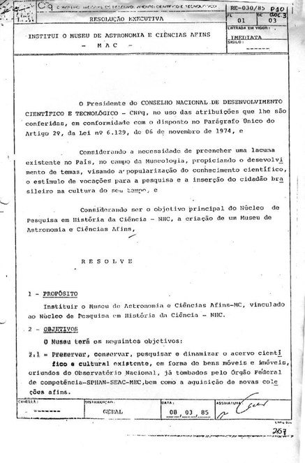 Documento Histórico: a instituição do MAST com seus propósitos e objetivos: 08/03/1985