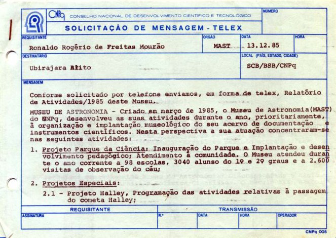 Telex, a comunicação escrita mais rápida da época, enumera as atividades pertinentes ao MAST