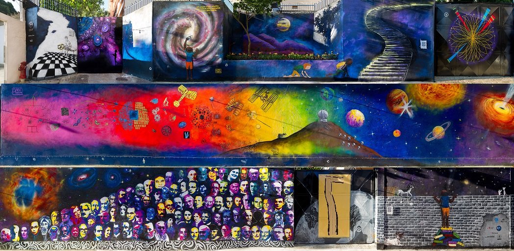 Imagem do maior muro de grafite com o tema "ciência" do mundo