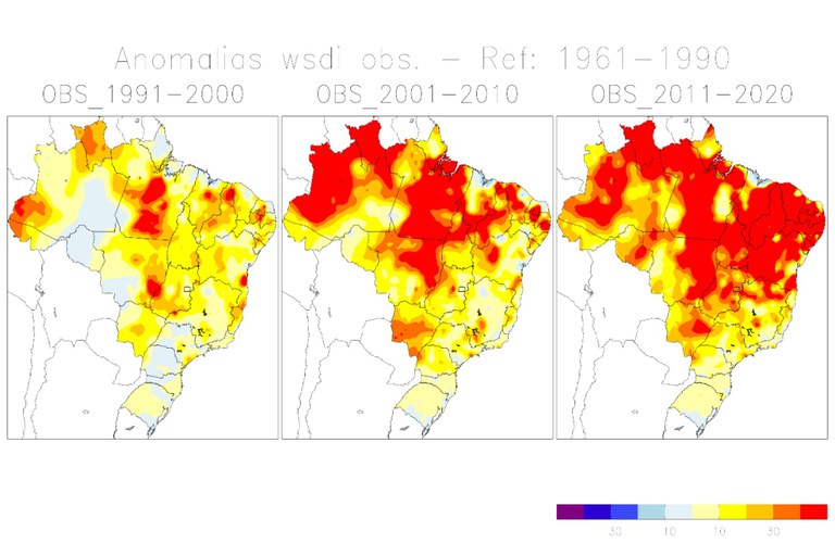 Fonte: Inpe Anomalia WSDI (onda de calor) é um dos indicadores de extremos climáticos observados nos últimos 60 anos.  No período referência, entre 1961 e 1990, o número de dias com ondas de calor (WSDI) era de sete e ampliou para 52 dias no período entre 2011 e 2020