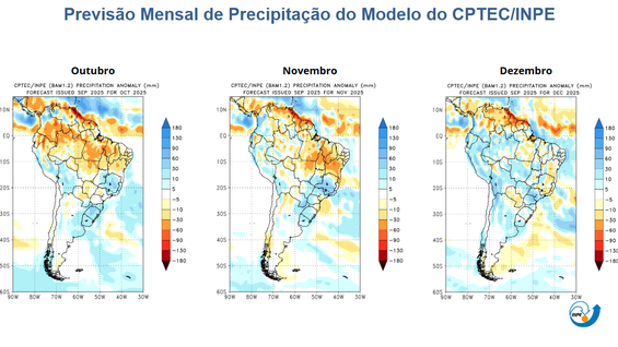 Previsão mensal do modelo do CPTEC/Inpe. Ilustração: CPTEC/Inpe