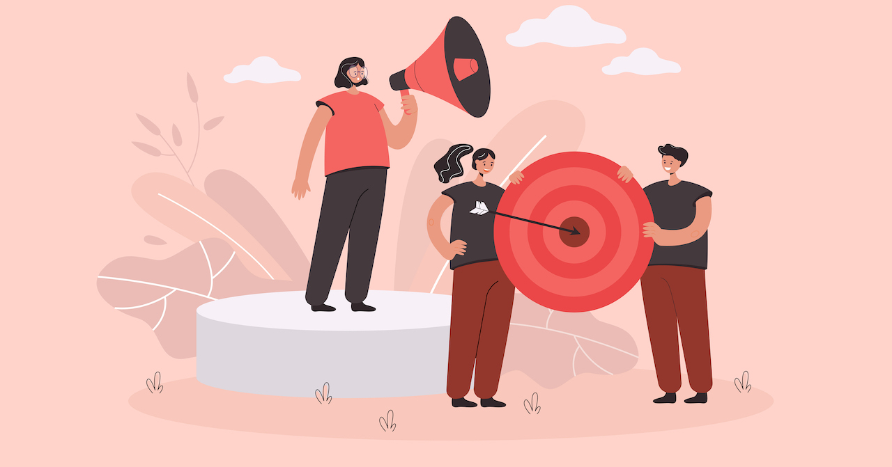 Business team goal achievement flat vector illustration. Team working on business and marketing strategy and purpose. Support, partnership and team holding. Marketing, business, teamwork concept
