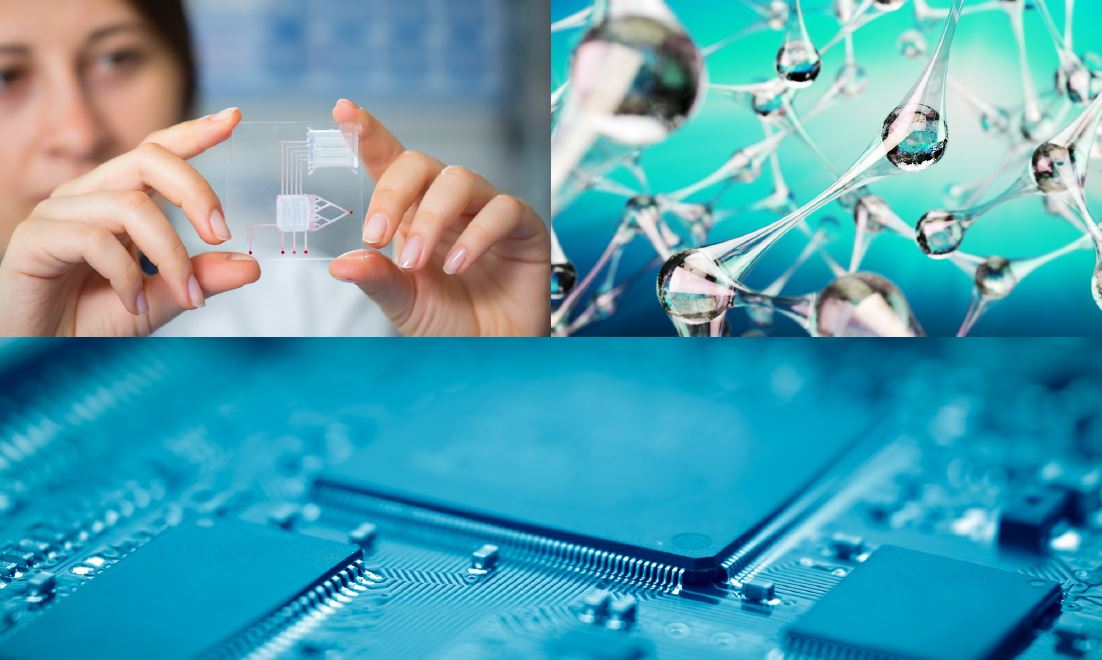 Legenda: Imagens ilustrativas de aplicações tecnológicas envolvendo a área de nanotecnologia. (a) Nanotecnologia aplicada aos sensores e aos biossensores; (b) Materiais nanométricos; e (c) Nanotecnologia aplicada a computação de alto desempenho.Fonte: Plano de Ação em CTI para Tecnologias Convergentes e Habilitadoras - Volume I Nanotecnologia.