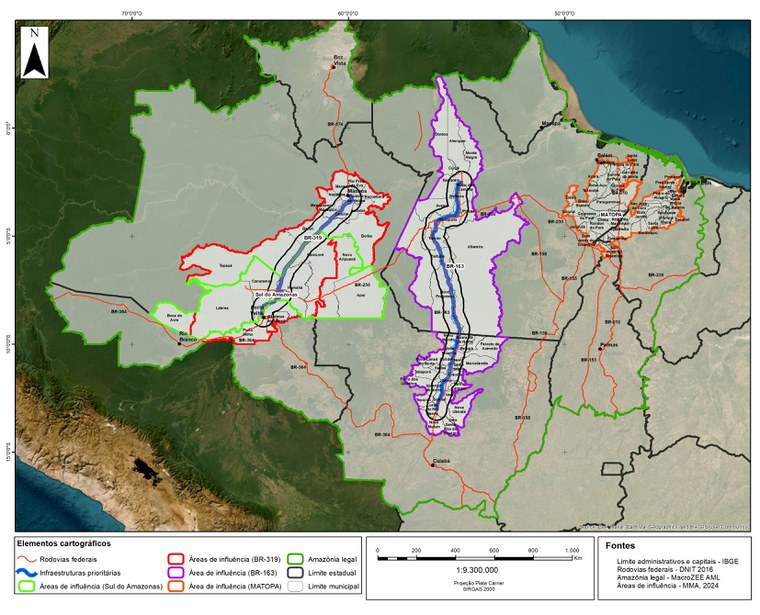 Distribuição das quatro regiões prioritárias, na Amazônia Legal, definidas no Plano de Ação da CTD: sul do Estado do Amazonas (verde); área de influência da BR-319 (vermelho); divisa entre os estados do Maranhão, Tocantins e Pará (laranja); e área de influência da BR-163 (roxo).
