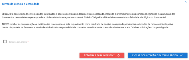 Protocolo Digital – Etapa 3 de 3 – Termo de Ciência e Veracidade