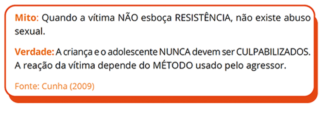 Mito: Quando a vítima NÃO esboça RESISTÊNCIA, não existe abuso sexual. Verdade: A criança e o adolescente NUNCA devem ser CULPABILIZADOS. A reação da vítima depende do MÉTODO usado pelo agressor. Fonte: Cunha (2009)