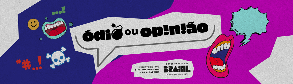 A imagem possui um fundo dividido diagonalmente em duas cores principais: azul escuro à esquerda e roxo vibrante à direita. No lado esquerdo, há ícones de expressões e símbolos, incluindo uma caveira branca e símbolos de censura em vermelho, como "*#!...". No centro, há uma caixa de diálogo cinza claro com bordas pretas que contém o texto "ódio ou opinião" em preto, destacando a palavra "ódio" com um símbolo de explosão. À direita, há uma ilustração de uma boca aberta, gritando, em vermelho e azul, com uma nuvem de fala em verde claro, sem texto.  A imagem parece discutir a temática de discurso de ódio versus liberdade de opinião, utilizando ícones e cores chamativas para captar a atenção do público.