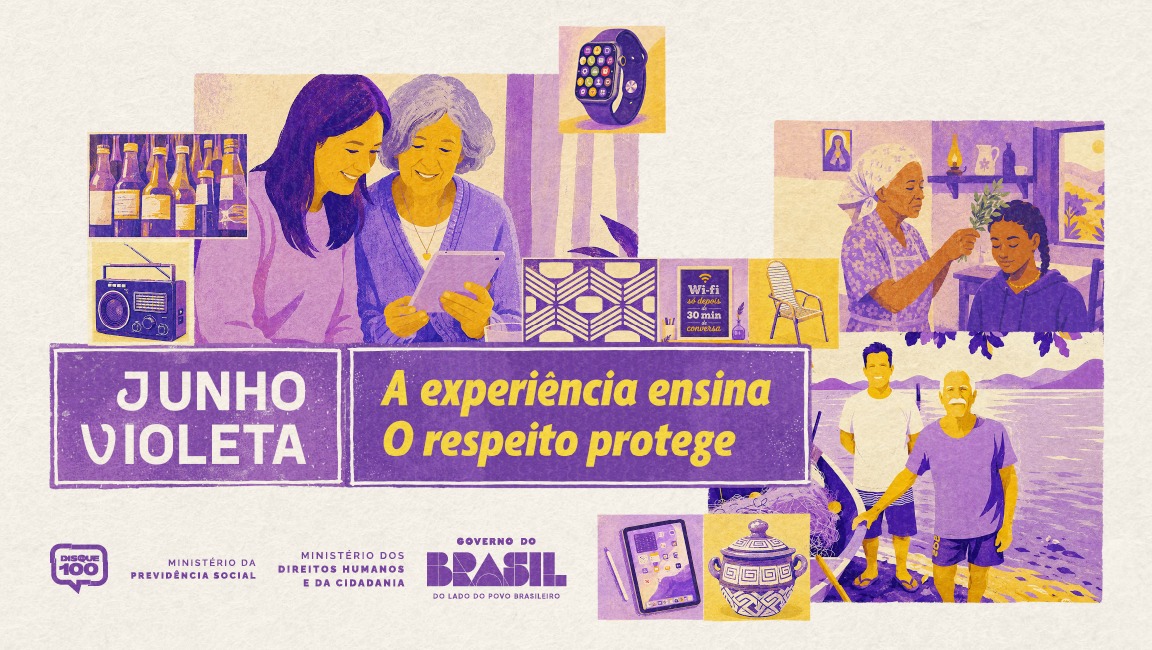 Banner da campanha Junho Violeta com fundo em tom bege claro e ilustrações em tons de roxo, lilás e amarelo. No centro, há duas faixas retangulares roxas. Na primeira, lê-se “Junho Violeta”. Na segunda, a mensagem: “A experiência ensina. O respeito protege.”  Ao redor do título, diversas cenas ilustradas retratam pessoas idosas em momentos do cotidiano e de convivência intergeracional. À esquerda, uma mulher mais jovem e uma mulher idosa sorriem enquanto observam um tablet juntas. Próximos a elas aparecem objetos que remetem a diferentes gerações, como um rádio antigo, garrafas antigas e um relógio inteligente.  No canto superior direito, uma mulher idosa cuida do cabelo de uma criança em um ambiente doméstico. Na parte inferior direita, um homem idoso e um jovem caminham juntos à beira de uma praia, sugerindo afeto, convivência e troca de experiências. Também aparecem elementos como uma cadeira, um tablet, uma peça de cerâmica decorativa e uma placa de Wi-Fi.  Na parte inferior do banner estão as marcas do Disque 100, do Ministério da Previdência Social, do Ministério dos Direitos Humanos e da Cidadania e do Governo Federal. A composição destaca a valorização das pessoas idosas, o respeito entre gerações e a importância da proteção dos direitos da pessoa idosa.