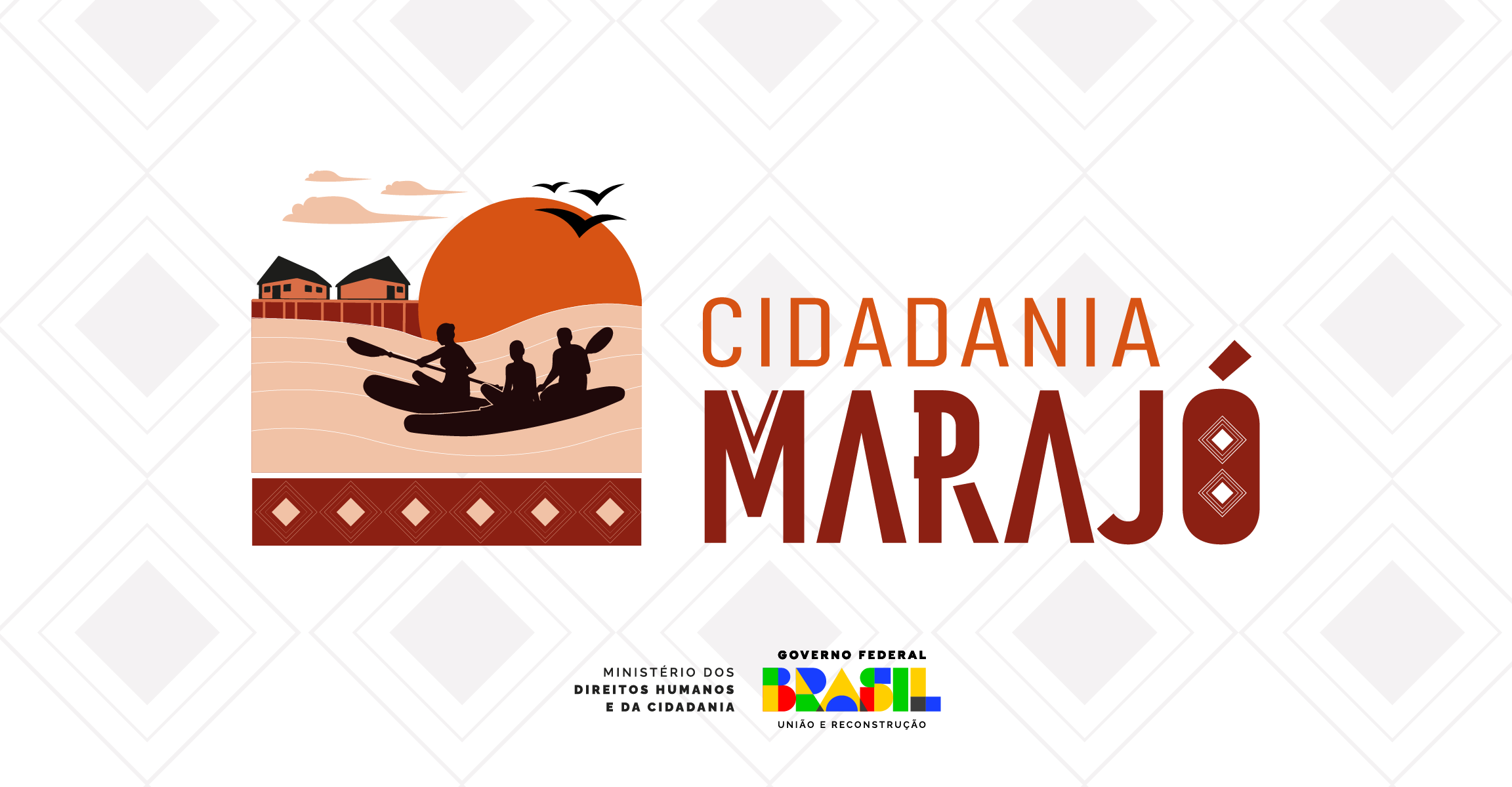 Banner retangular na horizontal com fundo branco e imagens de artes indígenas. Ao centro vemos a logomarca do Projeto Cidadania Marajó