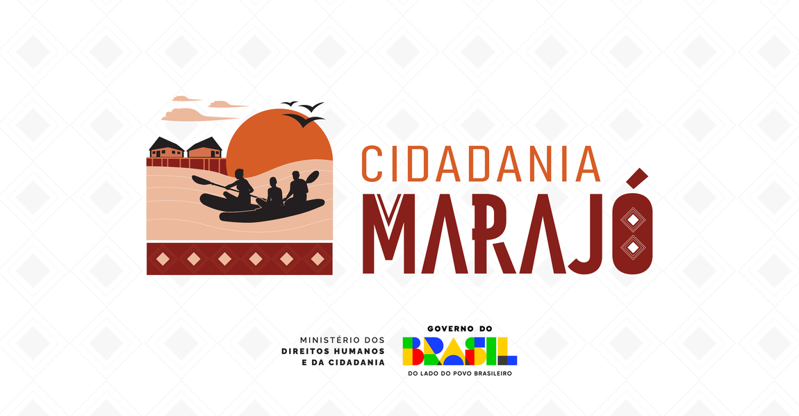 Banner retangular na horizontal com fundo branco e imagens de artes indígenas. Ao centro vemos a logomarca do Projeto Cidadania Marajó