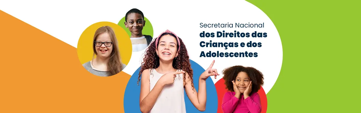 Banner quadrado com cores em azul. verde, vermelho e amarelo. Ao centro fotos de crianças e adolescentes. Texto da Imagem: Secretaria Nacional dos Direitos das Crianças e dos Adolescentes