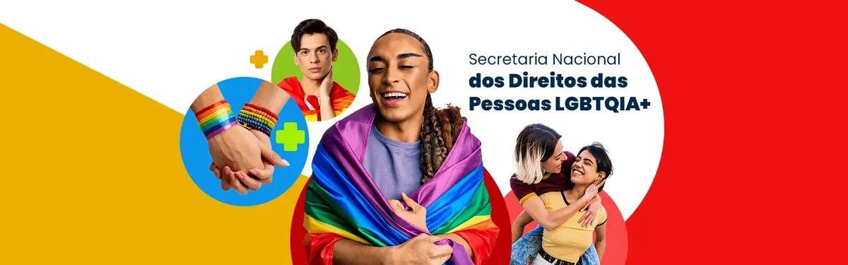 banner colorido em tons amarelo, vermelho. Ao centro temos imagens de pessoas trans. Texto da imagem: Secretaria Nacional dos Direitos das Pessoas LGBTQIA+