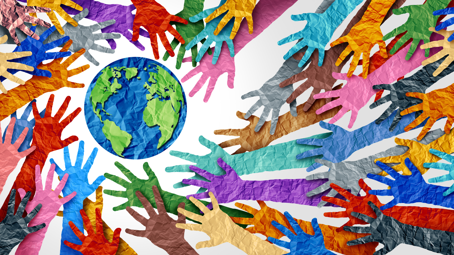 Banner retangular com foto, de mãos coloridas e o planeta Terra