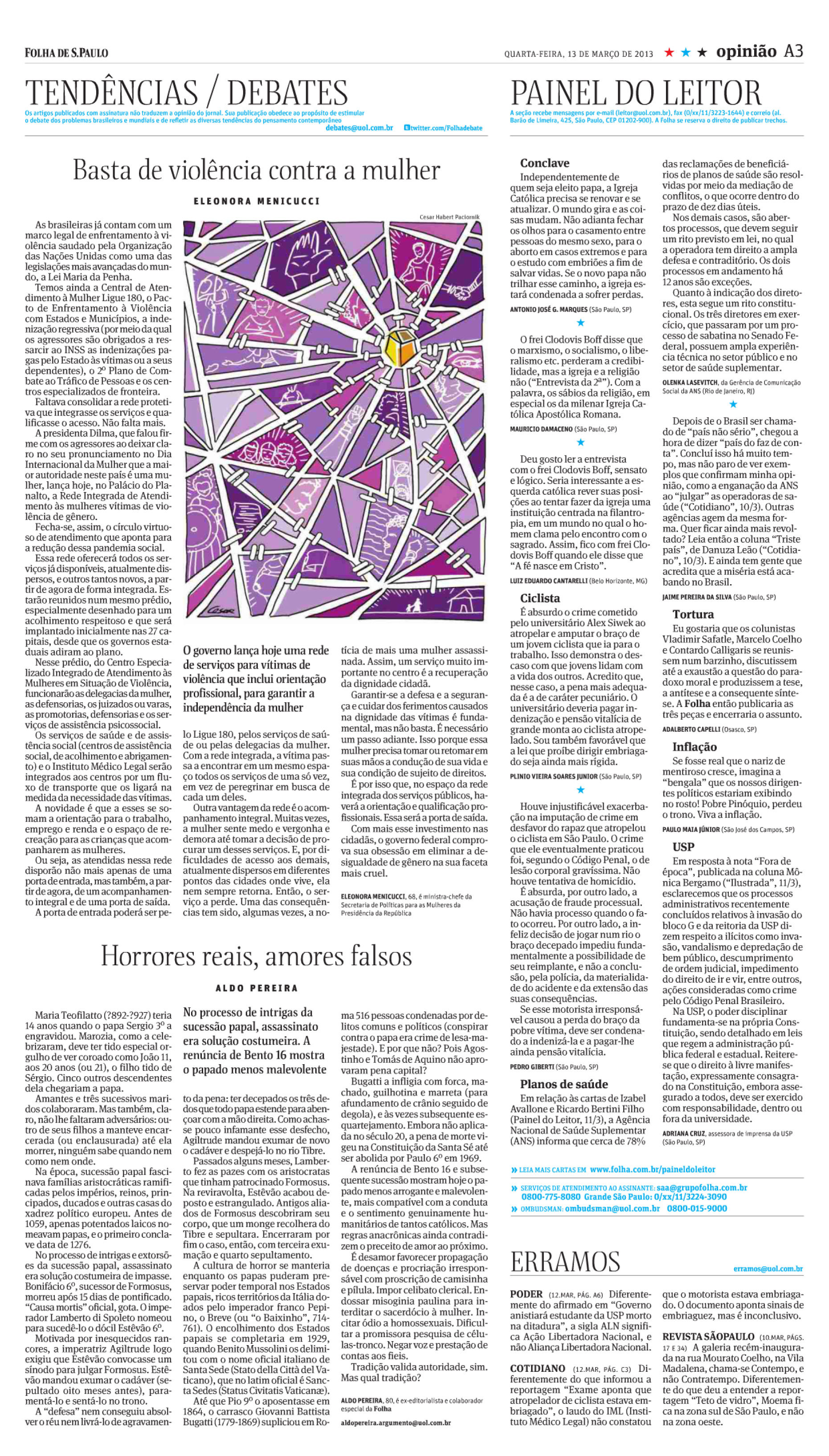 15/03 - Folha de São Paulo - Basta de violência contra a mulher