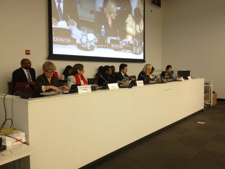 Secretária Aparecida Gonçalves (com lenço vermelho) apresenta ações do Brasil para o enfrentamento à violência contra as mulheres Foto: Lara Aguiar/SPM