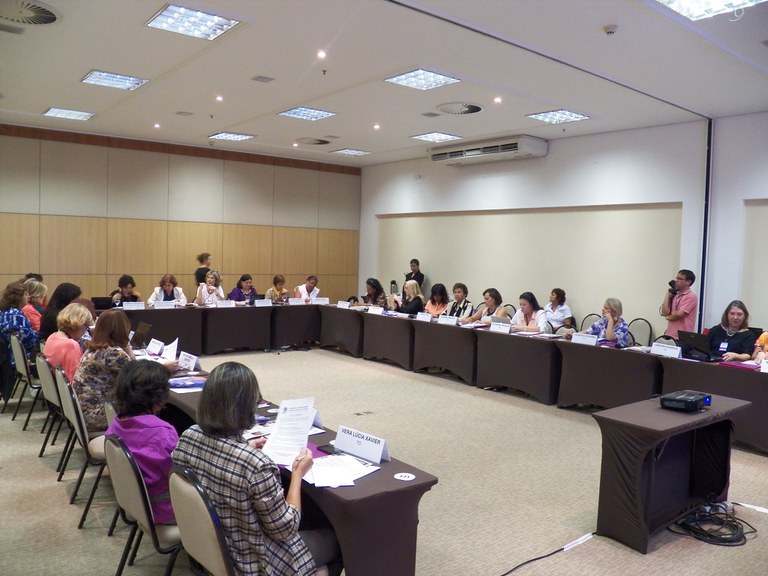 Secretária Vera Soares (ao fundo) coordena reunião com gestores estaduais Foto: Juliana Camelo/SPM