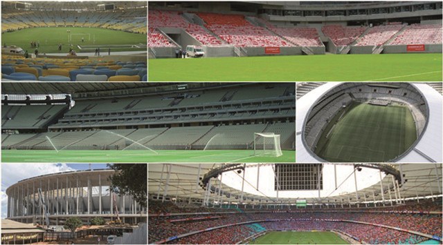 As seis arenas: Maracanã, Arena Pernambuco, Castelão, Mineirão, Estádio Nacional Mané Garrincha e Fonte Nova / Portal da Copa