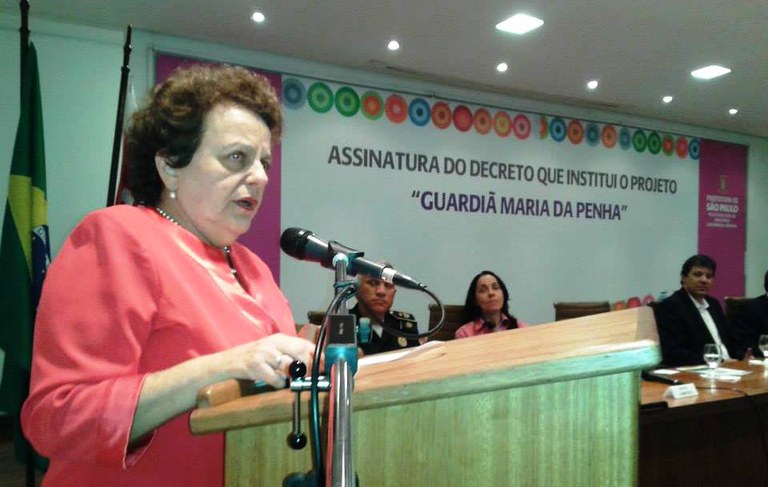Ministra da SPM na cerimônia de criação do projeto “Guardiã Maria da Penha” em São Paulo. Foto: Divulgação/SPM 