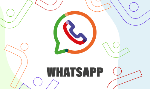 Descrição da imagem:  O banner apresenta um ícone estilizado do WhatsApp no ​​centro, composto por traços coloridos em verde, laranja, azul e vermelho, formando o tradicional símbolo de um balão de conversa com um telefone dentro.  Abaixo do ícone, está a palavra "WHATSAPP" em letras guardadas e em cor preta, destacando-se sobre o fundo claro.  O plano de fundo da imagem é branco com áreas suavemente preenchidas em azul e verde, além de elementos gráficos abstratos formados por linhas coloridas e figuras geométricas, trazendo um visual moderno e sonoro.
