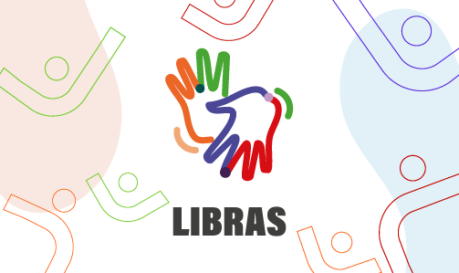 A imagem mostra um desenho de uma mão estilizada com traços coloridos em vermelho, verde, azul, laranja e roxo, formando o logotipo de "LIBRAS". O fundo tem formas orgânicas e figuras humanas abstratas em cores suaves, reforçando o tema de acessibilidade e inclusão.