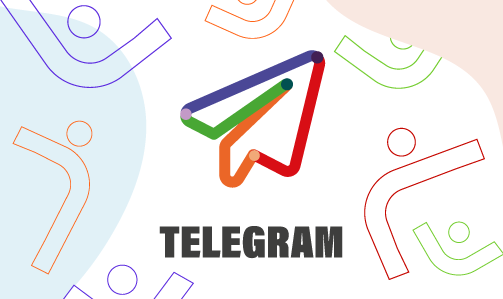 A imagem exibe o logotipo do Telegram com um design estilizado e colorido. As linhas do ícone são em tons de roxo, verde, vermelho e laranja. O fundo tem formas abstratas e figuras que sugerem movimento e conexão, destacando o dinamismo da plataforma.