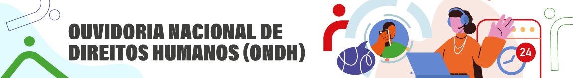 O banner apresenta o título "OUVIDORIA NACIONAL DE DIREITOS HUMANOS (ONDH)" em letras grandes e pretas, destacadas sobre um fundo branco.  À direita, há uma ilustração digital colorida representando um atendimento remoto. Uma pessoa usa um blazer laranja e fones de ouvido interage com um laptop, acenando com uma das mãos. Além disso, há elementos gráficos como telas de computador, um relógio com atendimento 24h e uma figura em azul e verde que parece estar em contato com a ouvidoria.  No canto esquerdo, há ícones abstratos em verde e azul, simbolizando conectividade e apoio. O fundo contém formas geométricas suaves em tons de azul claro, bege e vermelho, criando um design moderno e acessível.