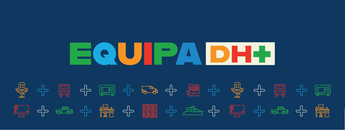 Identidade visual do programa de equipagem - Equipa DH+. Fundo da imagem na cor azul escura e no centro o nome EQUIPADH+ nas cores da identidade visual do Ministério dos Direitos Humanos e da Cidadania. Abaixo são exibidos ícones com imagens reduzidas de bens e equipamentos que são doados pelo Programa, tais como veículos, computador, entre outros. Os ícones também estão com as cores do Ministério de forma alternada.