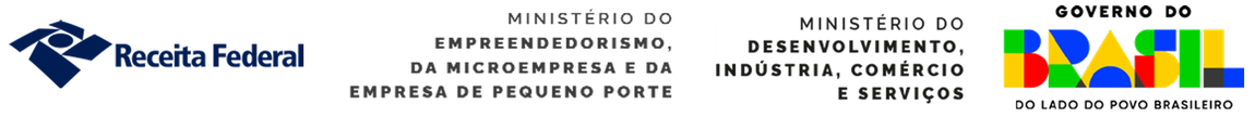 Barra com as logomarcas do Governo Federal e das instituições parceiras no Programa Acredita Exportação. Na barra de logos distribuídas no sentido horizontal constam nesta sequência, iniciando na lateral direita da barra primeiro a logomarca do Governo Federal, onde constam as palavras "Governo Federal, ao lado do povo brasileiro", à esquerda da logomarca do Governo Federal está a logomarca do Ministério do Desenvolvimento Indústria e Comércio, depois dela está a logomarca do Ministério do Empreendedorismo, da Microempresa, e da Empresa de Pequeno Porte e, finalizando, a logomarca da Receita Federal do Brasil.