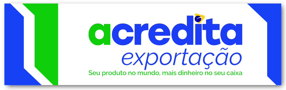 Banner no topo da página do Programa Acredita Exportação na cor predominantemente azul com fundo branco com as seguintes frases, acredita exportação, seu produto no mundo mais dinheiro no seu  caixa